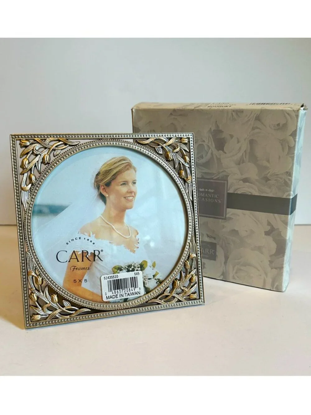 VTG 1998 Carr Romantic Occasions Bouquet Picture Frame Round 5x5 Pewter Gold NIB